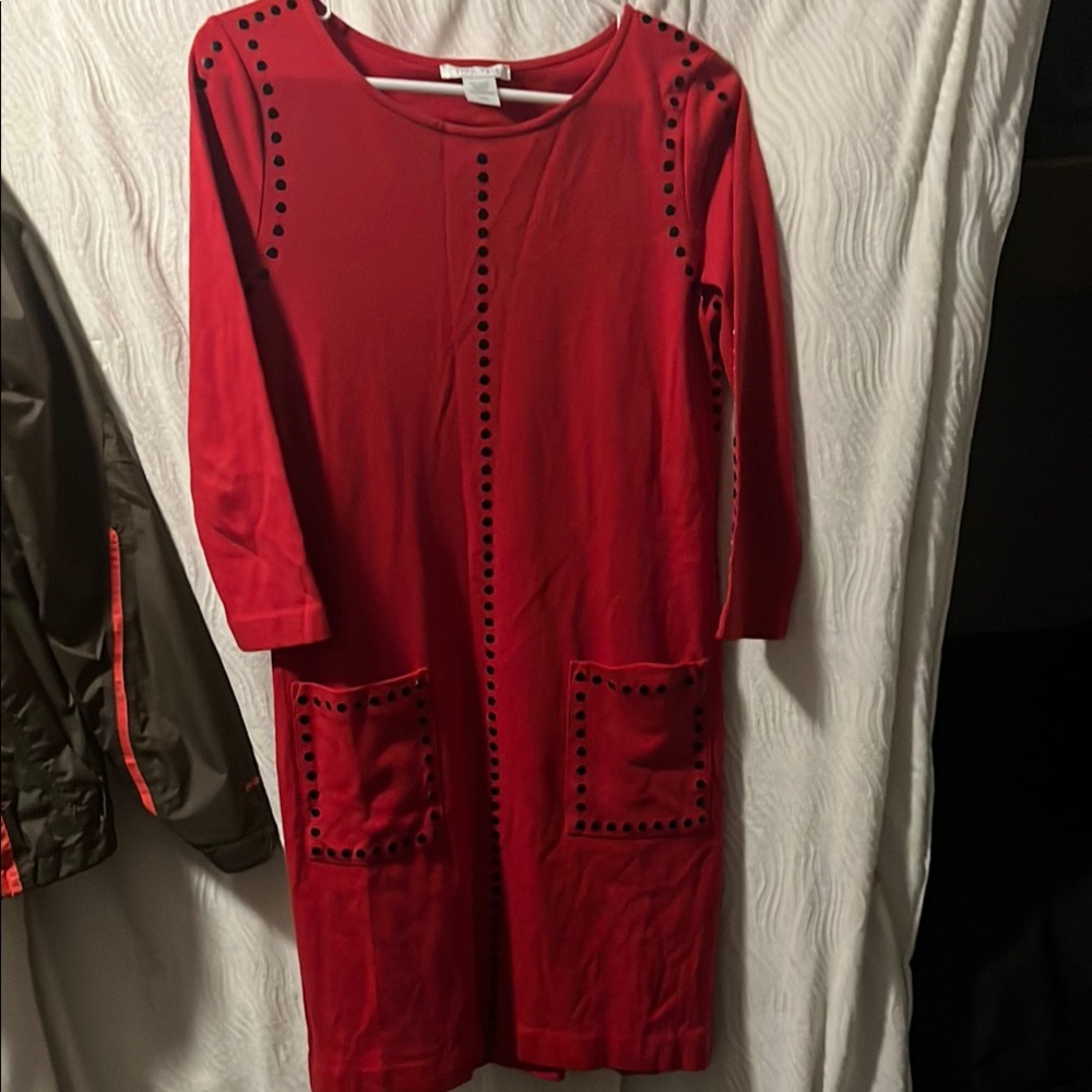 Joan Vass Scarlet Long Sleeve Dress with Black Accents